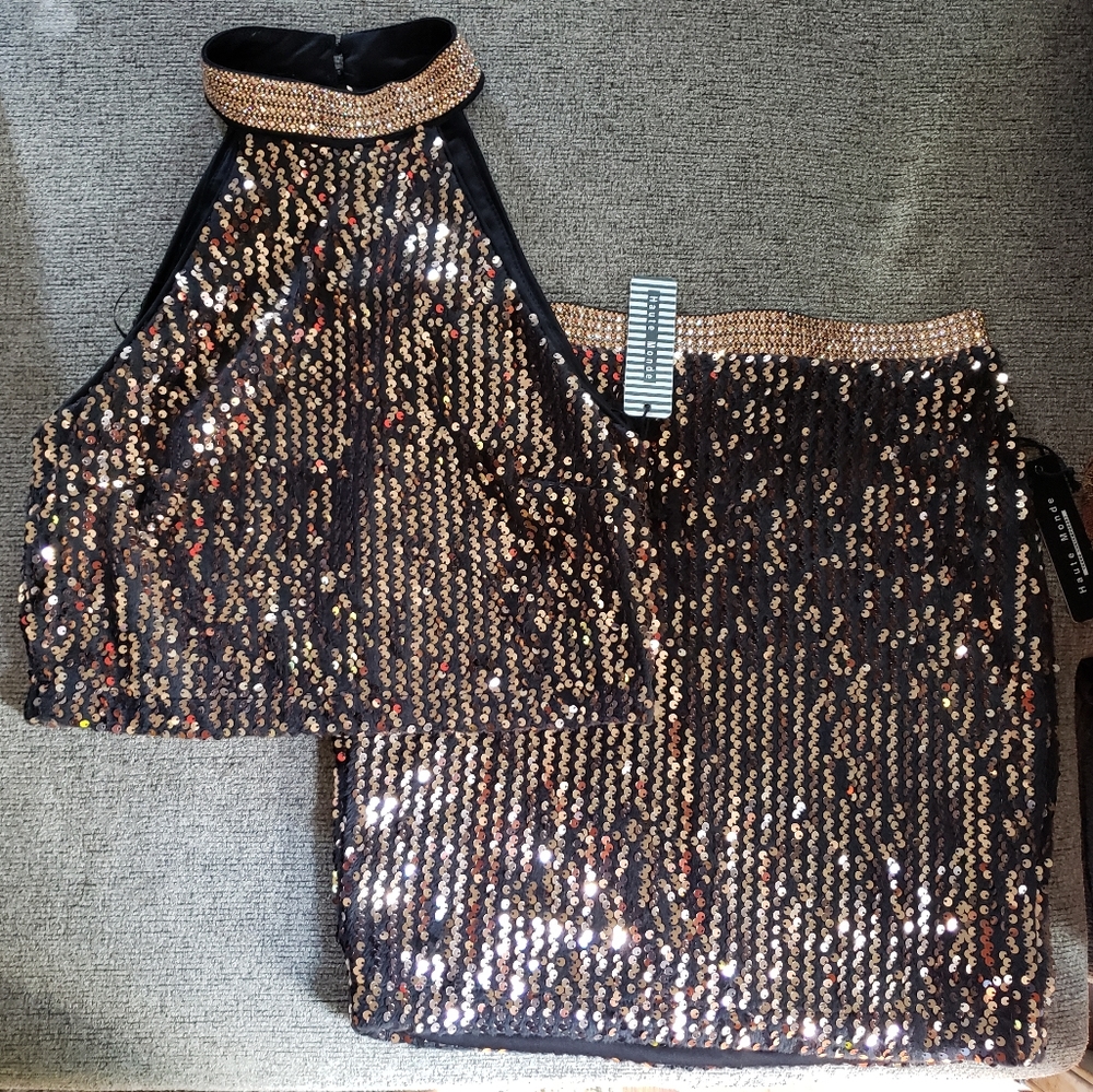 Sequin crop-top/halter with mini skirt set, size L